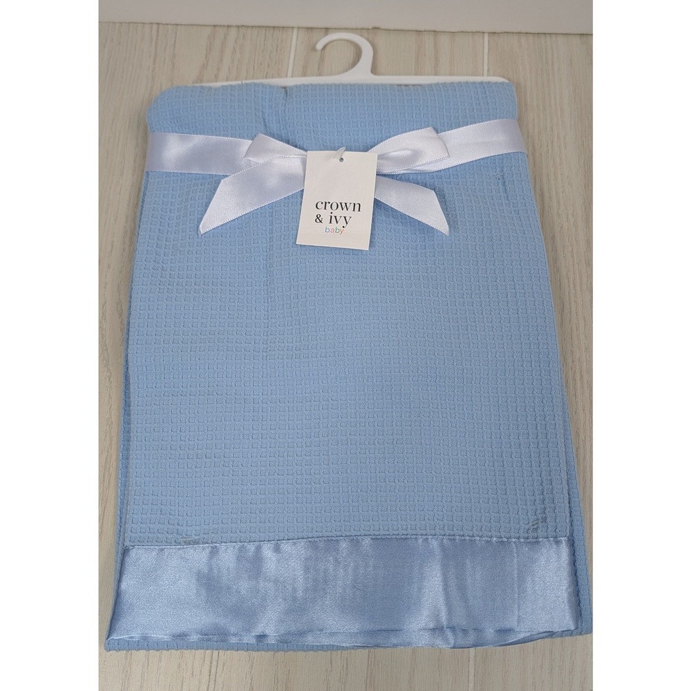 Crown & Ivy Baby Blanket 36x50 Blue Waffle Weave Thermal Knit Satin Trim Belk